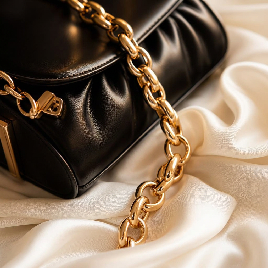 Gold chain detail on a black leather handbag